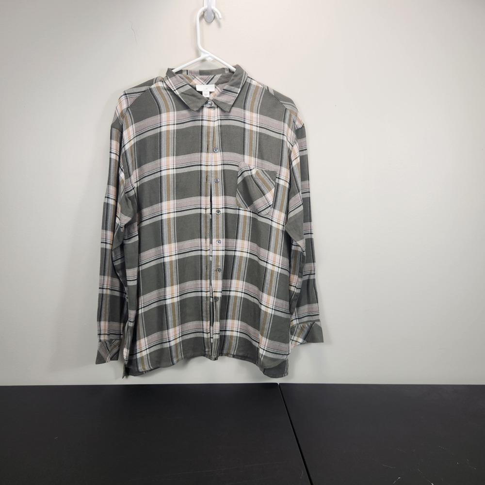 J. Jill Womens Medium Olive Green Plaid Button Down Shirt Long Sleeve Viscose